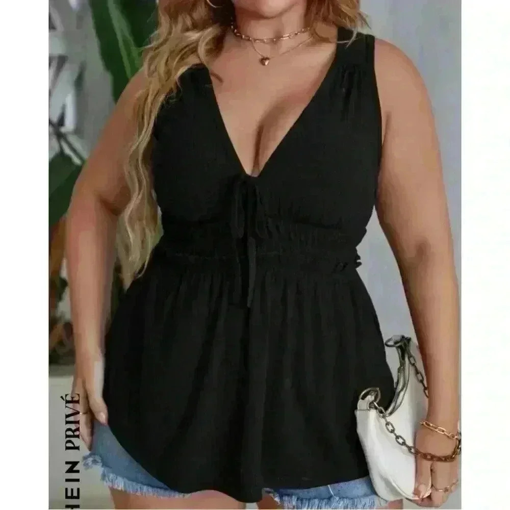 NWT SHEIN Black Plus Tie Front Frill Trim Tank Top size 2XL. - Picture 2 of 5